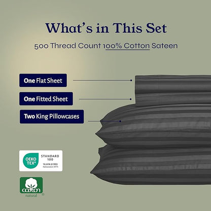 California Design Den - Cotton Sheets for King Size Bed Soft 100% Cotton Sheets Deep Pockets Snug Fit Elastic, 500 Thread Count Sateen, Damask Stripe Bedsheet Set (Grey)