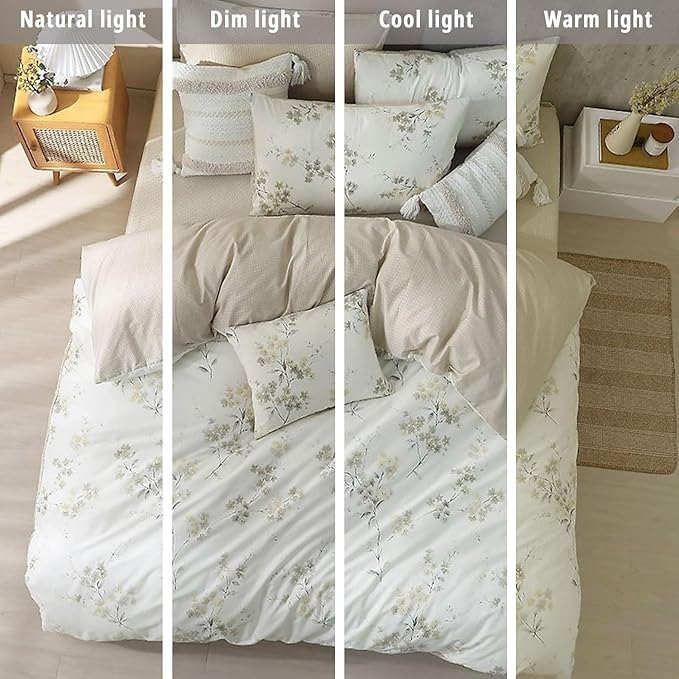 Floral Cotton Comforter King Size - Cream Comforter with Luxurious Grey Branches & Subtle Beige Blossoms,Reversible Lightweight Bedding Sets 3Pcs(104"×90")