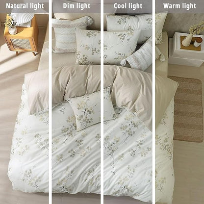 Floral Cotton Comforter King Size - Cream Comforter with Luxurious Grey Branches & Subtle Beige Blossoms,Reversible Lightweight Bedding Sets 3Pcs(104"×90")