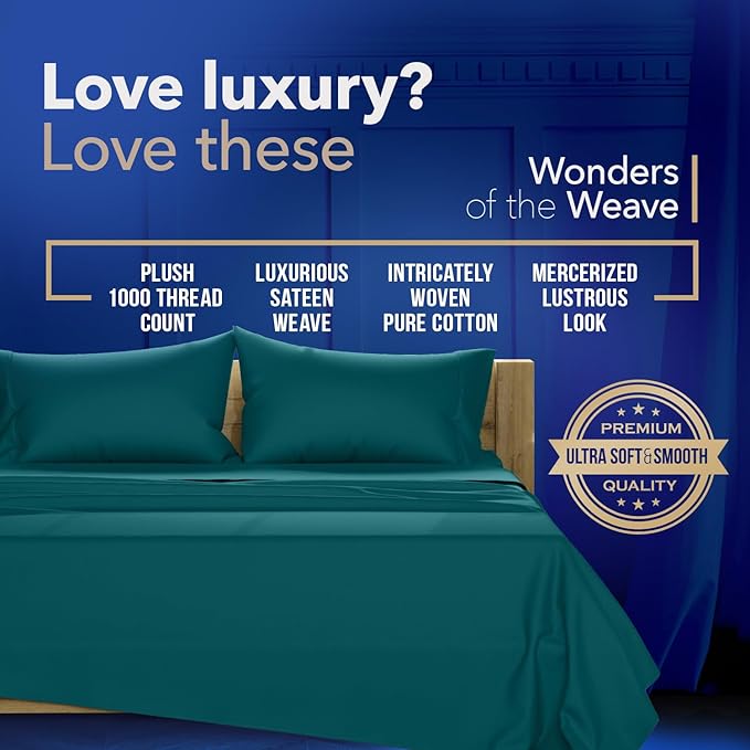 TEXAS LINEN CO. 100% Egyptian Cotton Standard/Queen Size Pillow Cases Set of 2-1000 Thread Count Pillow Cover - Soft, Breathable & Cooling Teal Pillowcases Set of 2 for Standard/Queen Pillows