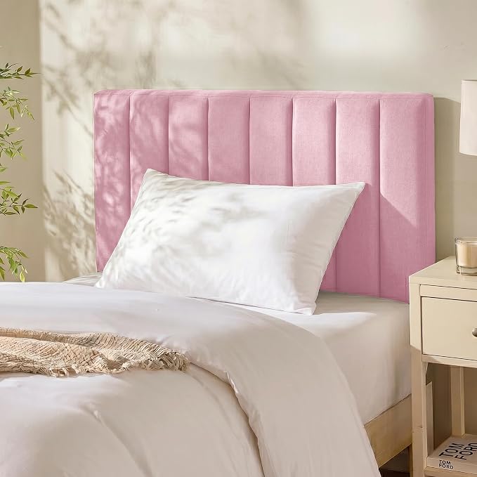 Hearth & Harbor Wall Mounted Twin Headboard Only, Bed Headboard Twin Size | Easy Assemble, Floating Peel and Stick, Upholstered, Channel Stitched, 3D Wall Panels, 5 Strips of 3M Tape Included, Pink