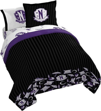Jay Franco Wednesday Addams Queen Comforter Set - 7 Piece Bedding Includes Sheet Set & Pillow Covers - Black and Grey Stripes Super Soft Kids Bedding