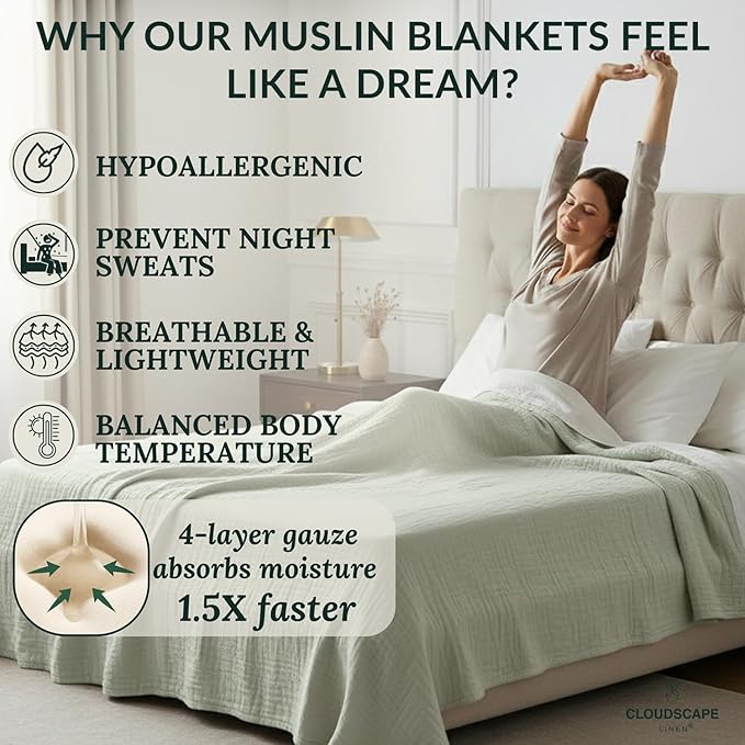 CLOUDSCAPE 100% Cotton 4 Layer Muslin Blanket Queen Size, Oversized, 92x92 Fits Upto Full Size Bed, Soft Breathable, Lightweight Layering, Summer Blanket for Adults, Spring Gift Idea- Seafoam