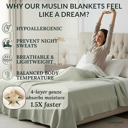 CLOUDSCAPE 100% Cotton 4 Layer Muslin Blanket Queen Size, Oversized, 92x92 Fits Upto Full Size Bed, Soft Breathable, Lightweight Layering, Summer Blanket for Adults, Spring Gift Idea- Seafoam