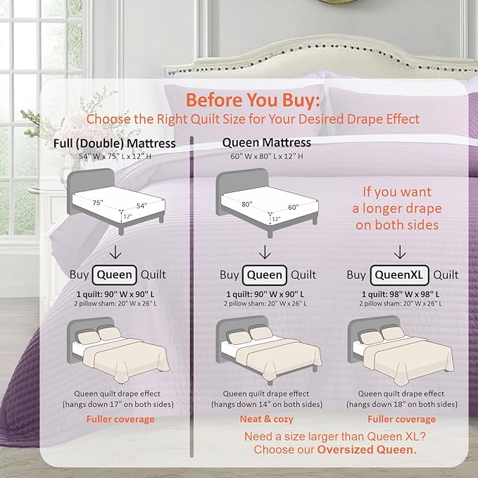 KASENTEX Queen Quilt Set 90"x90" – Soft Washed 3-Layer Lightweight Bedspread, Minimalist Nordic Design,All-Season Spring & Summer Quilt Set (1 Quilt + 2 Pillow Shams), Grape Jam Purple
