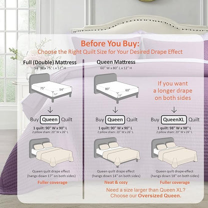 KASENTEX Queen Quilt Set 90"x90" – Soft Washed 3-Layer Lightweight Bedspread, Minimalist Nordic Design,All-Season Spring & Summer Quilt Set (1 Quilt + 2 Pillow Shams), Grape Jam Purple
