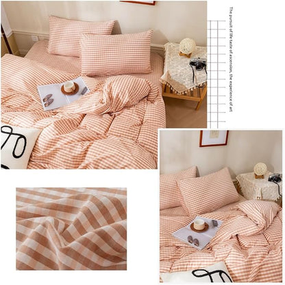EAVD Pink Tan Gingham Comforter Set Full Soft Washed Cotton Farmhouse Mini Pink Tan Checkered Plaid Bedding Set with 2 Pillowcases Modern Farmhouse Reversible Plaid Comforter Set for All-Season