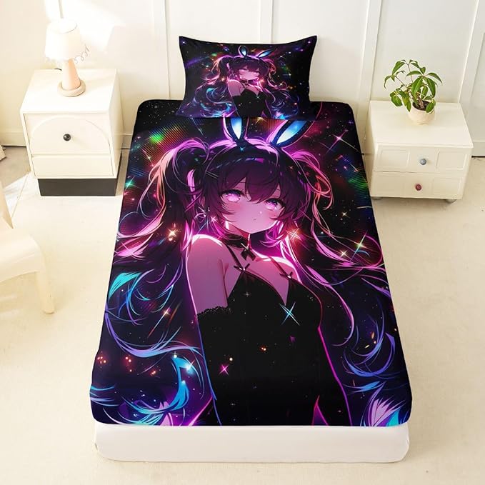 Erosebridal Cute Bunny Girls Twin Bed Sheets Japanese Anime Girl Fitted Sheet,Cartoon 3D Kids Bedding Sets Magical Neon Stars Sheets with 1 Pillowcase