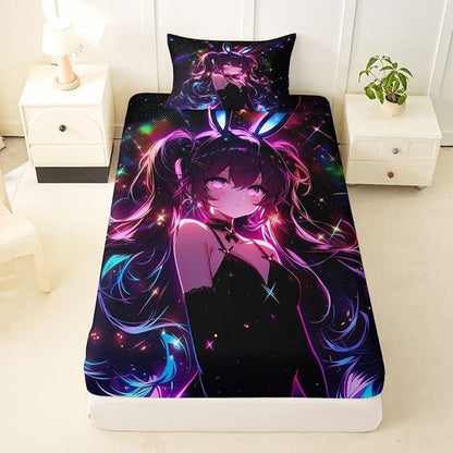 Erosebridal Cute Bunny Girls Twin Bed Sheets Japanese Anime Girl Fitted Sheet,Cartoon 3D Kids Bedding Sets Magical Neon Stars Sheets with 1 Pillowcase