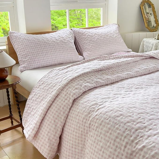 NSNLGSGC Pink Gingham King Quilt Set, Soft Pre-Washed Microfiber Pink Plaid King Bedspread, Lightweight Checked Summer Quilt, Grid Bedding Coverlets for All Seasons