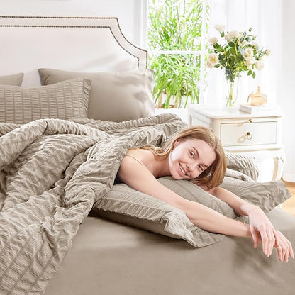 CozyLux Queen Comforter Set Khaki Seersucker 7 Pieces Bed in a Bag Queen Comforter Set with Sheets, Luxury Soft Bedding Sets with Down Alternative Comforter, Sheets, Pillowcases & Shams for All Season