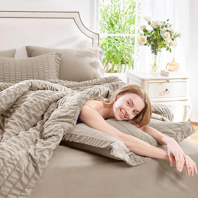 CozyLux King Size Comforter Set Khaki Seersucker 7 Pieces Bed in a Bag King Comforter Set with Sheets, Luxury Soft Bedding Sets with Down Alternative Comforter, Sheets, Pillowcases & Shams All Seasons