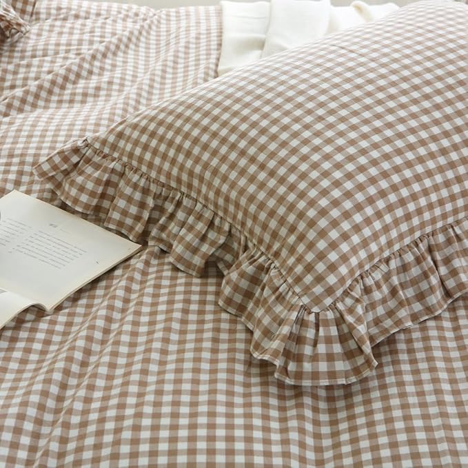Taupe/White Plaid Ruffle Duvet Cover Twin Size,100% Washed Cotton 3 Pcs Vintage Checkered Chic Gingham Bedding Set Comforter Cover Set
