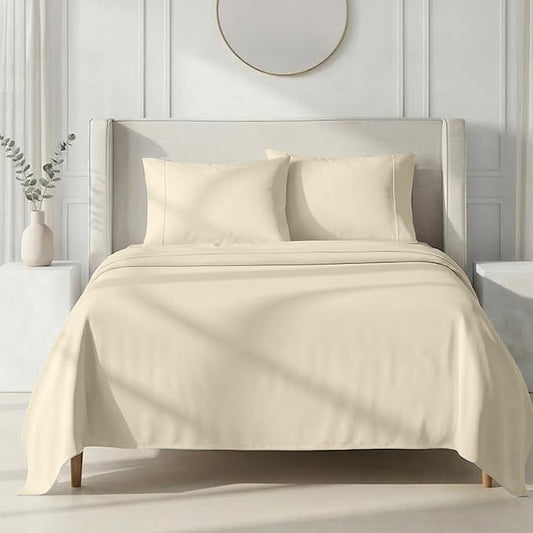 California Design Den Queen Bed Sheets Set - 1000 Thread Count Sateen, Thick and Natural 100% Cotton Sheets Queen Size, Deep Pockets, Durable Bedding Set - Ivory (Creamy Beige Tone)