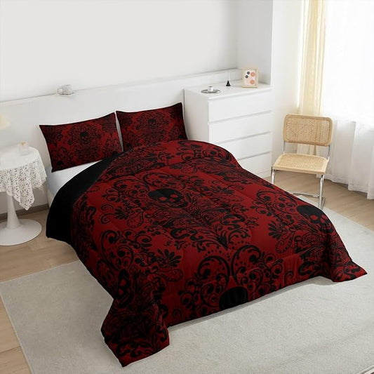 Feelyou Adults Gothic Skull Bedding Set King Size Kids Damask Print Comforter Goth Bohemian Duvet Breathable Soft Lightweight Microfiber Black Red Room Decor with 2 Pillowcases