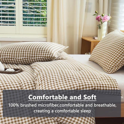 NSNLGSGC Comforter Set King Size, Tan Gingham Bedding Comforter Sets, Brown Grid Bed Comforter 3 Pieces (1 Comforter, 2 Pillowcases)