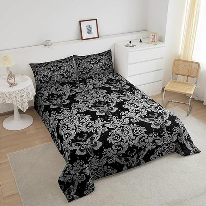 Feelyou Adults White Black Vintage Damask Floral Comforter Set Oriental Antique Comforter King Size Gothic Bohemia Boho Flower Bedding Set Gothic Skull Duvet Set Quilt Set 3Pcs
