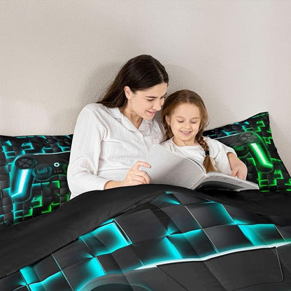 Erosebridal Gaming Queen Comforter Set for Boys Kids Gamer Bedding Sets 3D Geometric Ombre Gamepad Bed Comforter Set for Teen Men Neon Lights Video Game Quilt Duvet Soft Lightweight for All Season