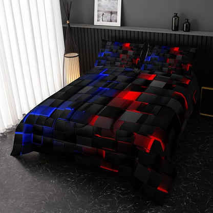 Red and Blue Checkered Comforter Set King Honeycomb Bedding Sets 3PCS for Kids Teen Adult Boy Room Decor Ultra-Soft Lightweight Microfiber 1 Comforter with 2 Pillowcases