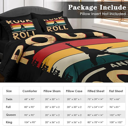 Comforter Set Full Size, Rock Roll Music Vintage 7 Pcs Bedding for Kids and Adults, Retro Guitar Disco Bed Sheet Sets with Fitted Sheet 2 Pillowcases & 2 Shams for Bedroom Bed Decor
