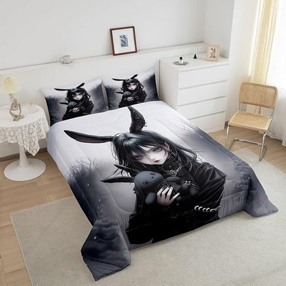 Erosebridal Anime Bedding 3D Japanese Girl Comforter Sets Twin,Anime Gifts Bedding Set for Girls,Gothic Cartoon Rabbit Print Down Comforter Exotic Style Duvet Insert for Room Decor,Black,3pcs