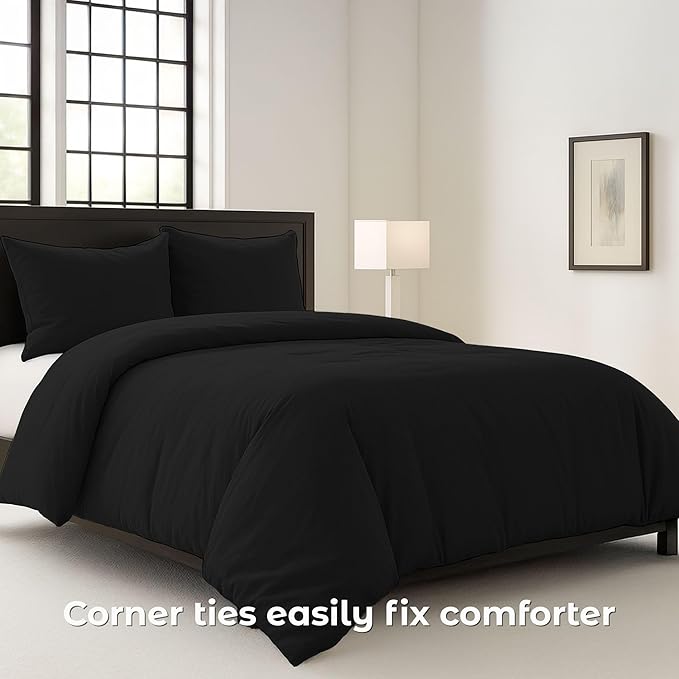 Pure Bedding Duvet Cover Queen Size - 3 Pieces Extra Soft Bedding Set, Includes 1 Duvet Cover 90x90 Inches with Zipper Closure & 2 Pillow Shams, Comforter Not Included, Black