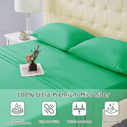 Queen Size Bed Sheet Set - 4 Piece Soft Microfiber Sheets with Deep Pockets, Cooling Technology, and Wrinkle-Free Pillowcase. Hotel-Quality, Durable Bedding, Mint Green