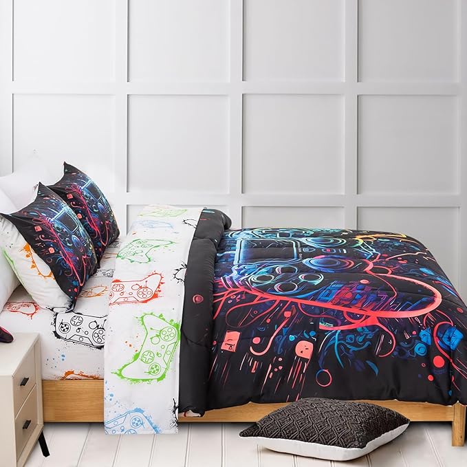 A Nice Night Boys Full Size 5-Piece Game Console Comforter Set, for Kids Teen 3D Colorful Background Space Universe Gamepad Gaming Printed Matching Sheet Sets
