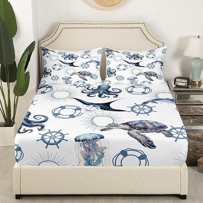 Sea Turtle Fitted Sheet Set Full Size 4 Pcs,Octopus Jellyfish Ocean Life Lightweight Sheets Teens Room Decor,Nautical Style Sea Animals Bedding Sets (1 Fitted,1 Flat,2 Pillowcases)