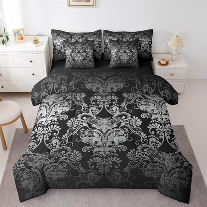 Erosebridal Gothic Damask 7 Piece Comforter Set Full Bed in a Bag,Exotic Moth Bedding Sets White Black Victorian Floral Goth Sheet Set with Comforter