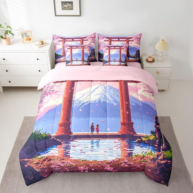 jejeloiu Pink Japan Bedding Set 7Pcs Twin Size Kids Anime Mount Fuji Comforter Set with Sheets for Boys Girls Pixel Bed in a Bag Soft Lightweight,Microfiber