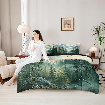 Erosebridal Green Forest Full Comforter Set with Sheets 7 Piece Woodland Mountain Bed in A Bag Watercolor Pine Tree Bedding Sets for Kids Adults,Nature Aesthetics Bed Set