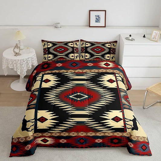 Feelyou Boho Comforter Set Toddler Size Rustic Comforter for Boys Girls Teens Cabin Bedding Set Retro Duvet Set Room Decor Auburn Quilt Set