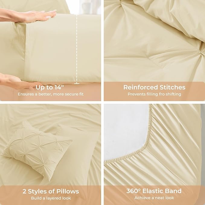 Sasttie Twin Comforter Set, 5-Piece Bed in a Bag, Pintuck Bedding Sets for All Season, Includes Comforter, Flat Sheet, Fitted Sheet, Pillowcase and Pillowsham, Pale Yellow