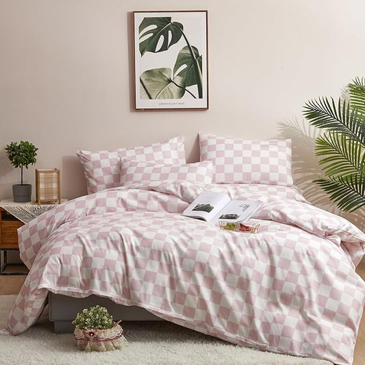 Houseri White Plaid Comforter Set - Twin Size, Girls & Boys, Pink Grid & Checkerboard Pattern, Soft & Comfy, Perfect for Kids & Dorm Beds