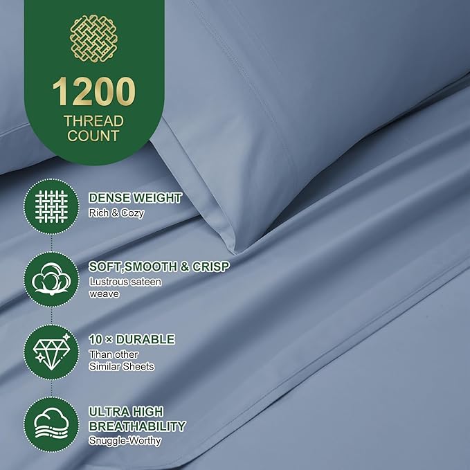 Ivellow 100% Egyptian Cotton Sheets King Size Set - 1200 Thread Count 6 PC 18" Deep Pocket King Size Bed Sheet Set，Durable Hotel Quality Luxury Soft Breathable Dusty Blue Cooling Sheet Sets Bedding