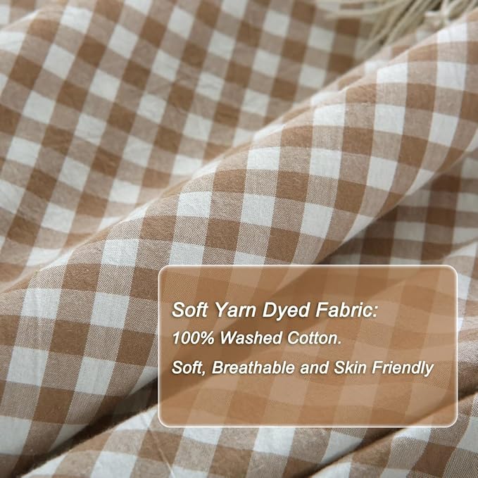 Taupe/White Plaid Ruffle Duvet Cover Queen Size,100% Washed Cotton 3 Pcs Vintage Checkered Chic Gingham Bedding Set Comforter Cover Set
