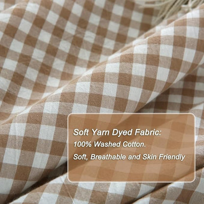Taupe/White Plaid Ruffle Duvet Cover Twin Size,100% Washed Cotton 3 Pcs Vintage Checkered Chic Gingham Bedding Set Comforter Cover Set