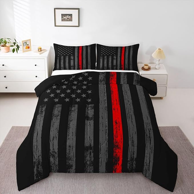 Erosebridal American Flag Comforter Set Full Black Grey Red Line Flag Bedding Set for Men Boys Kids Girls Novelty Star Stripe Down Comforter Retro Vintage Flags Bedding Sets & Collections
