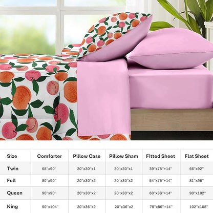 Nesker Comforter Set Full Size, Floral Pink Peach 7 Pcs Bedding for Kids and Adults, Sweet Fruit Vintage Bed Sheet Sets with Fitted Sheet 2 Pillowcases & 2 Shams