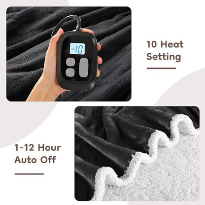 Electric Heated Blanket Twin Size 62" x 84", Dual-Sided Flannel Sherpa, LCD Display 10 Heat Levels 1-12H Auto-Off, ETL Certified Machine Washable for Bed & Couch, Iron Gray