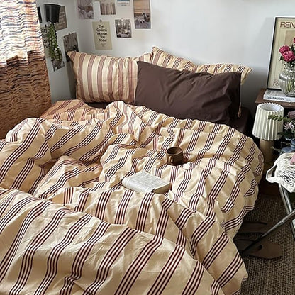 Nayoroom Striped Duvet Cover Twin Size Vintage Brown Striped Duvet Cover 2 Pieces 100% Washed Cotton Soft Breathable Girls Dorm Bedding Set for Hot Sleepers