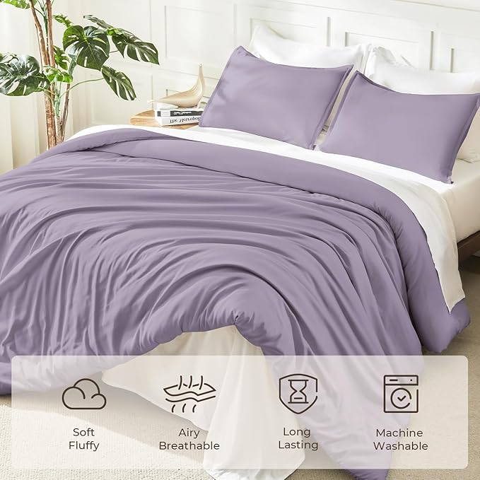 Litanika Grayish Lavender Purple Comforter Set Queen Size, 3 Pieces Lightweight Solid Bedding Comforter Set, All Season Fluffy Bed Set (90x90In Comforter & 2 Pillowcases)