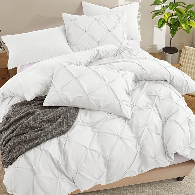 VACVELT 5 Piece Pinch Pleated Duvet Cover Full/Queen Size Set, White Pintuck Duvet Cover with Zipper & 8 Ties, Shabby Chic Microfiber Duvet Cover + 2 Pillow Shams + 2 Pillowcases, No Comforter