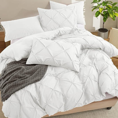 VACVELT 5 Piece Pinch Pleated Duvet Cover Full/Queen Size Set, White Pintuck Duvet Cover with Zipper & 8 Ties, Shabby Chic Microfiber Duvet Cover + 2 Pillow Shams + 2 Pillowcases, No Comforter