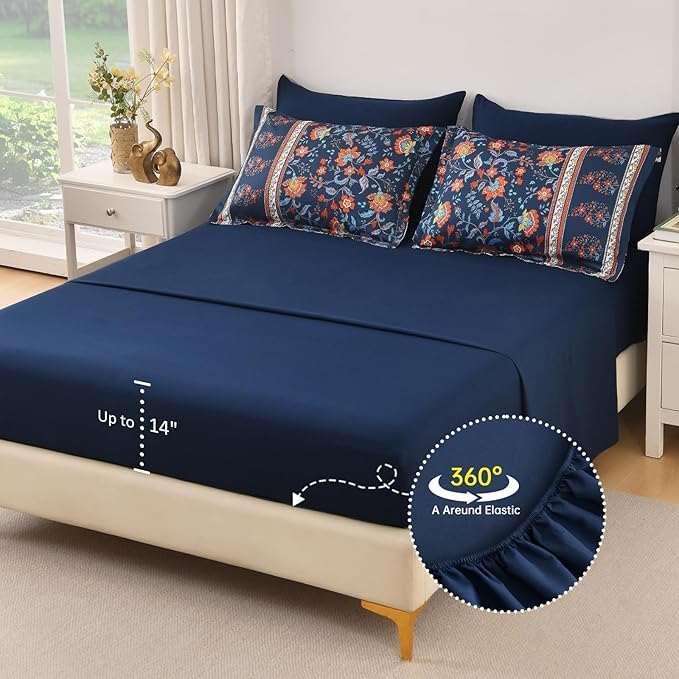 Dinjoy Comforter Set King Size Boho, Reversible Navy Bedding Paisley Floral 7 Piece Bed in a Bag Soft Lightweight Bohemain Comforters with Sheet Sets for All Season