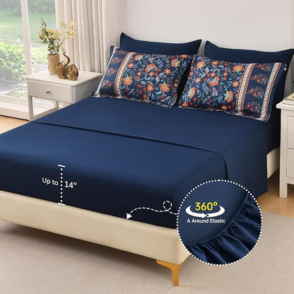 Dinjoy Comforter Set King Size Boho, Reversible Navy Bedding Paisley Floral 7 Piece Bed in a Bag Soft Lightweight Bohemain Comforters with Sheet Sets for All Season