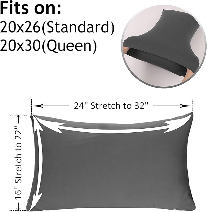 2-Pack Stretch Pillow Cases Standard Size - Jersey Knit & Ultra Soft Envelope Closure, T-Shirt Like Poly Blend - Suitable for Queen or Standard Size Set of 2, Dark Gray