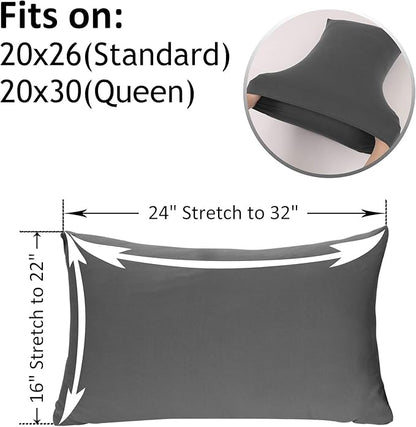 2-Pack Stretch Pillow Cases Standard Size - Jersey Knit & Ultra Soft Envelope Closure, T-Shirt Like Poly Blend - Suitable for Queen or Standard Size Set of 2, Dark Gray