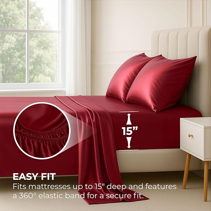 Satin Sheets Twin [3-Piece, Burgundy] Hotel Luxury Silky Bed Sheets - Extra Soft 1800 Microfiber Sheet Set, Wrinkle, Fade, Stain Resistant - Deep Pocket Fitted Sheet, Flat Sheet, Pillow Cases